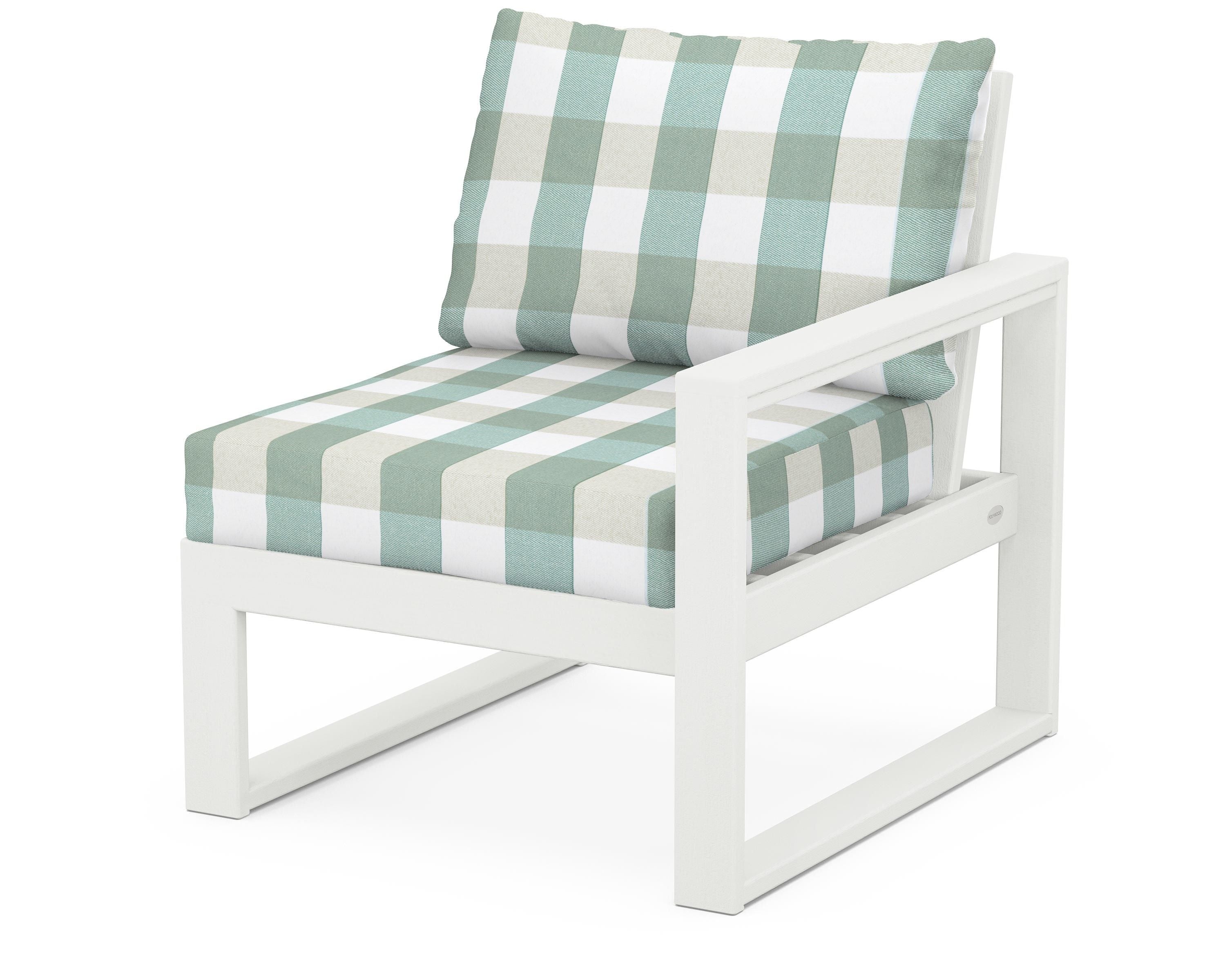POLYWOOD® EDGE Modular Right Arm Chair in Vintage White / Buffalo Plaid Glacier Spa