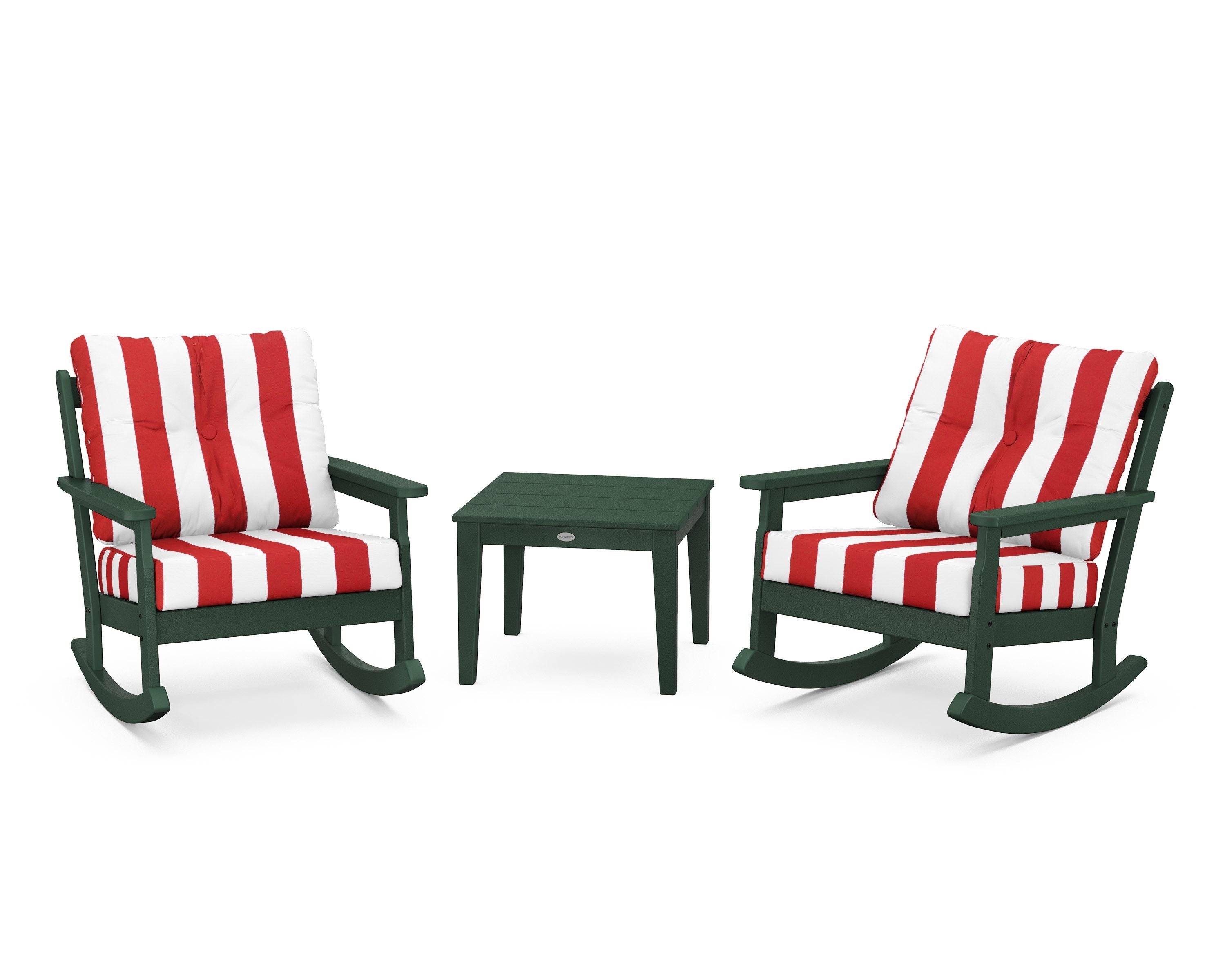 POLYWOOD® Vineyard 3-Piece Deep Seating Rocker Set in Green / Cabana Stripe Crimson