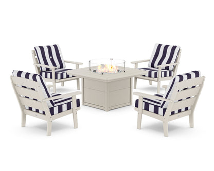 POLYWOOD® Lakeside 5-Piece Deep Seating Set with Nautical Fire Pit Table in Sand / Cabana Stripe Navy