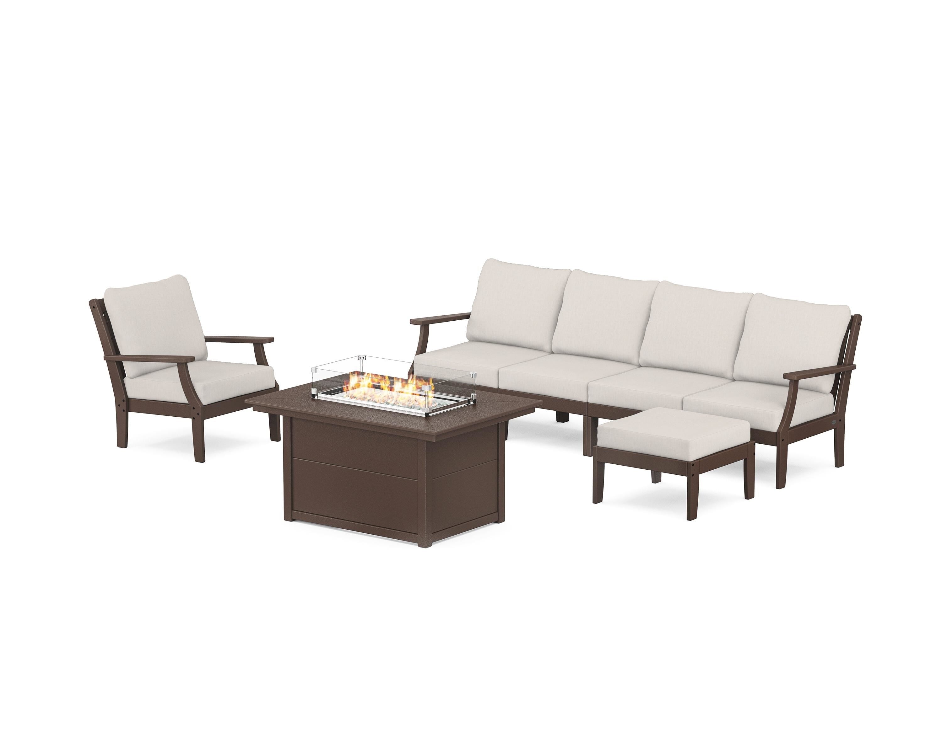 POLYWOOD® Braxton Sectional Lounge and Fire Pit Set in Mahogany / Cast Ash