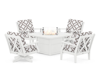 POLYWOOD® Braxton 5-Piece Deep Seating Set with Fire Table in White / Trellis Grey Mist