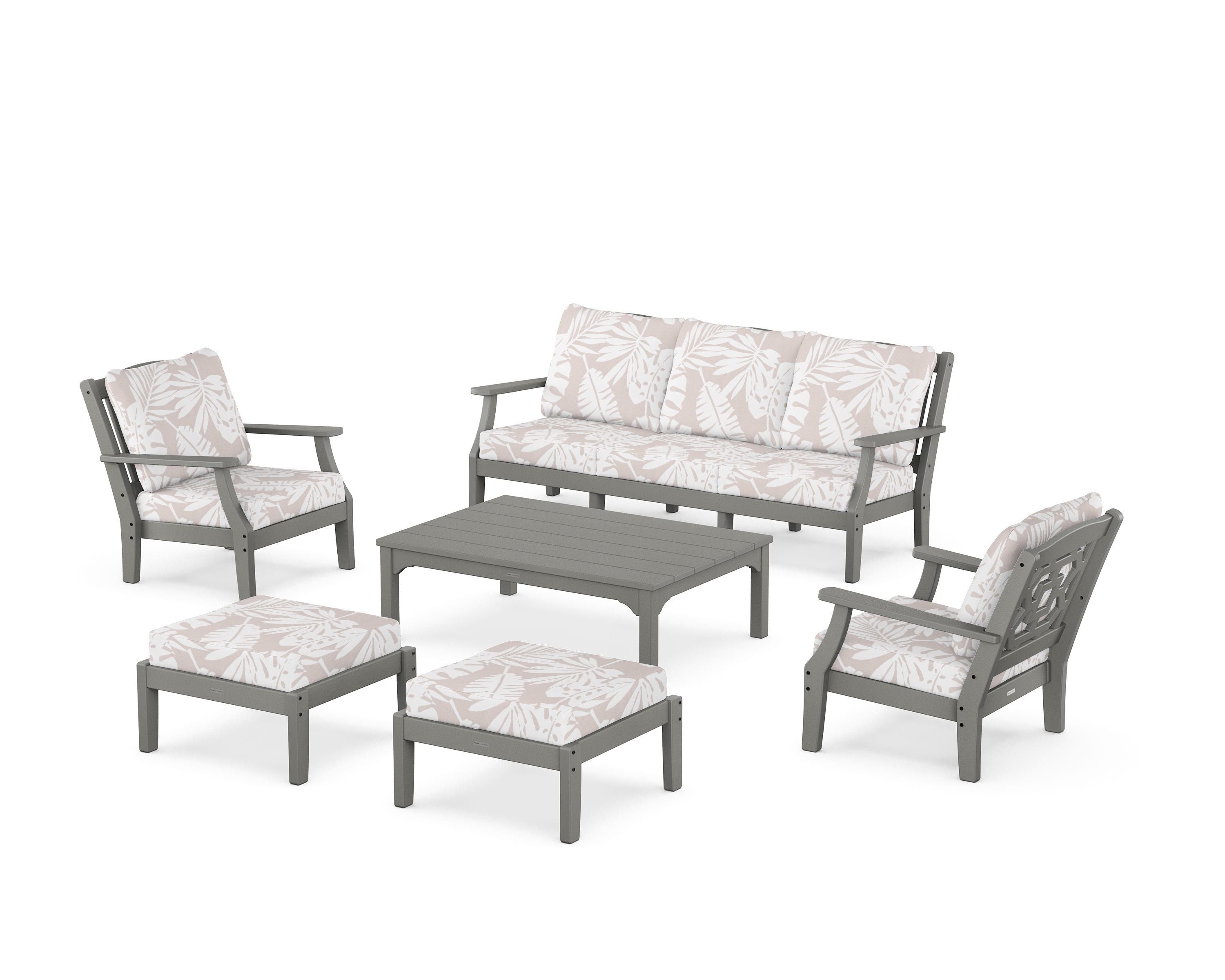 Martha Stewart by POLYWOOD® Chinoiserie 6-Piece Lounge Sofa Set in Slate Grey / Leaf Dune Burlap