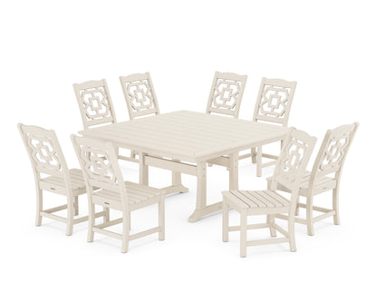 Martha Stewart by POLYWOOD® Chinoiserie 9-Piece Square Side Chair Dining Set with Trestle Legs in Sand
