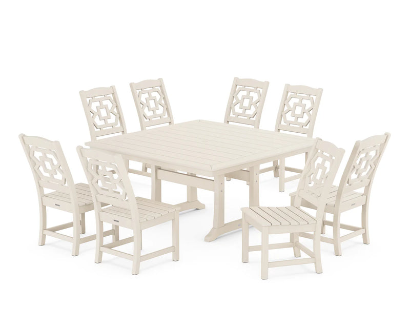 Chinoiserie 9-Piece Square Side Chair Dining Set with Trestle Legs
