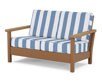 POLYWOOD® Harbour Deep Seating Loveseat in Teak / Natural / Cabana Stripe Sky Blue