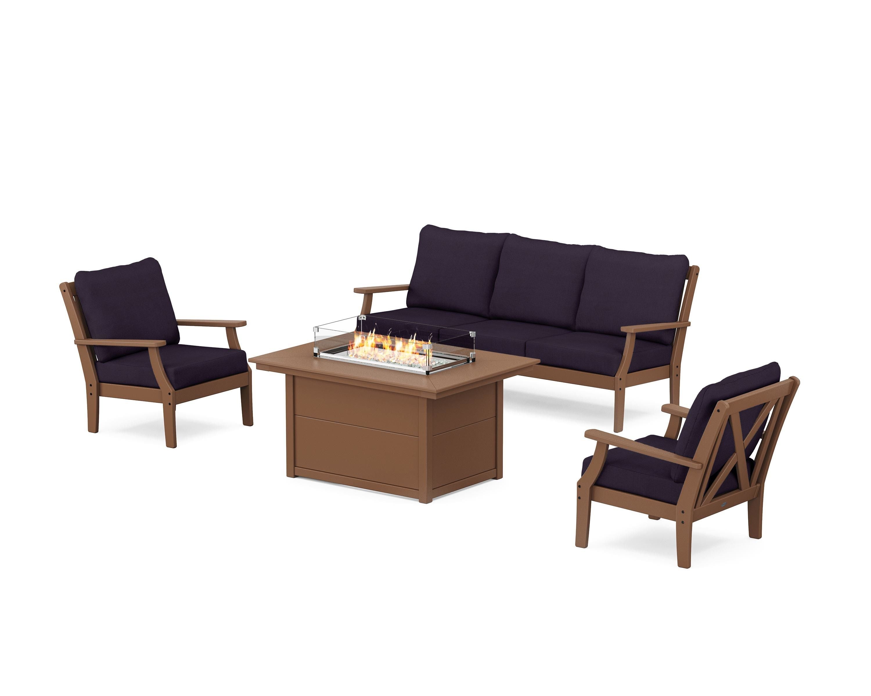 POLYWOOD® Braxton Deep Seating Fire Pit Table Set in Teak / Navy Linen