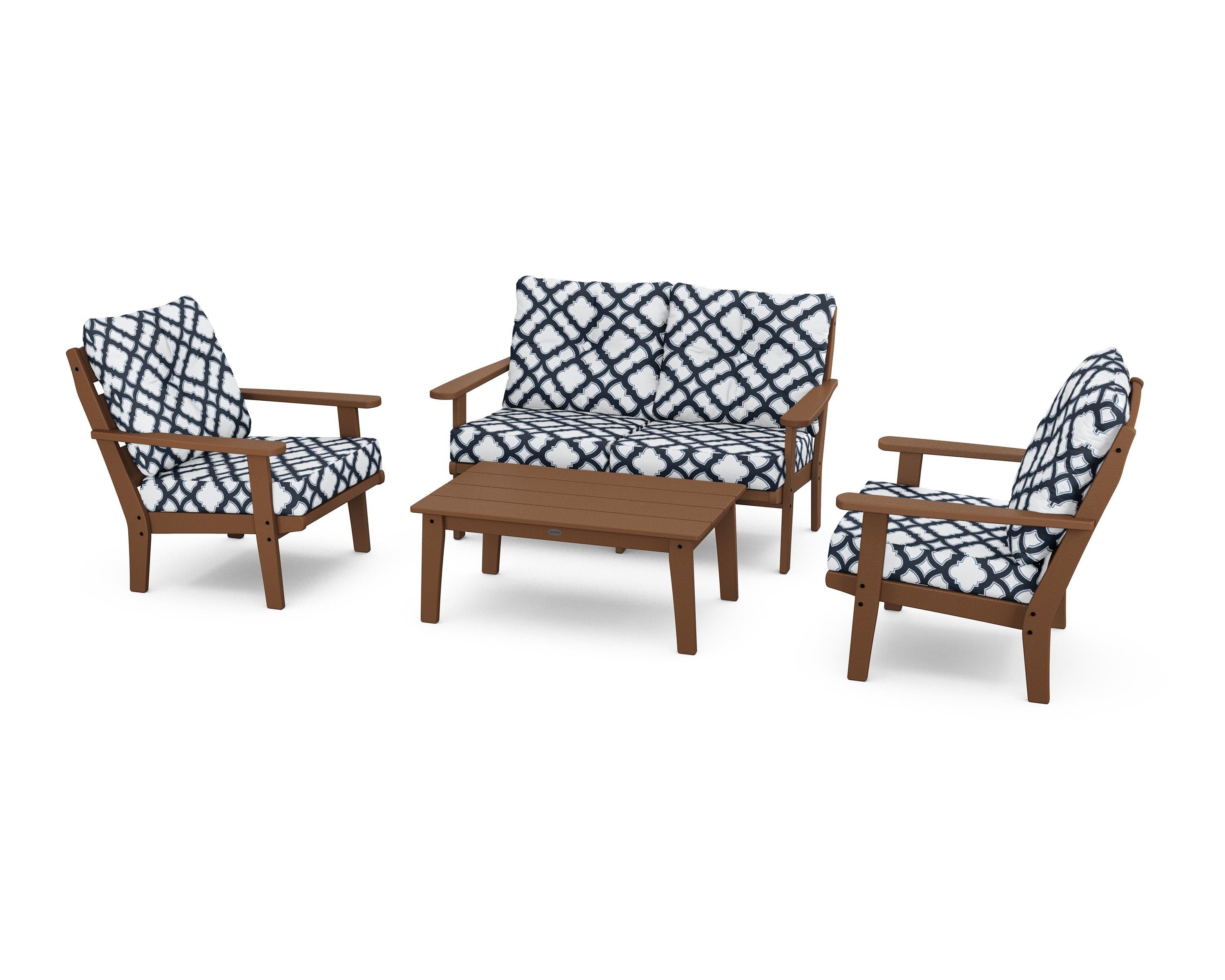 POLYWOOD® Lakeside 4-Piece Deep Seating Set in Teak / Trellis Marine Indigo