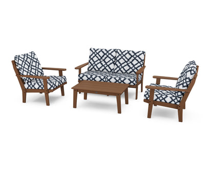 POLYWOOD® Lakeside 4-Piece Deep Seating Set in Teak / Trellis Marine Indigo