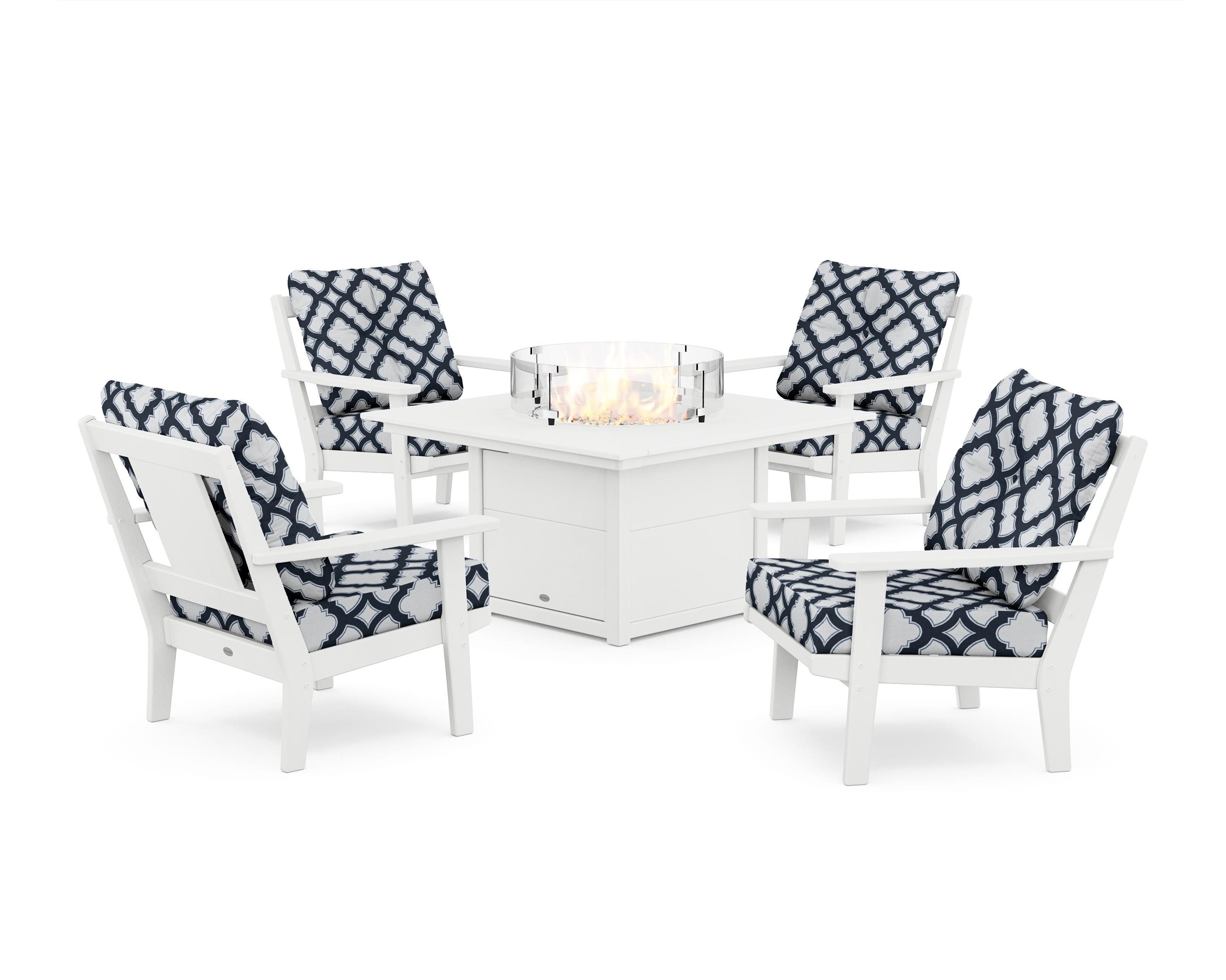 POLYWOOD® Prairie 5-Piece Deep Seating Set with Fire Pit Table in White / Trellis Marine Indigo