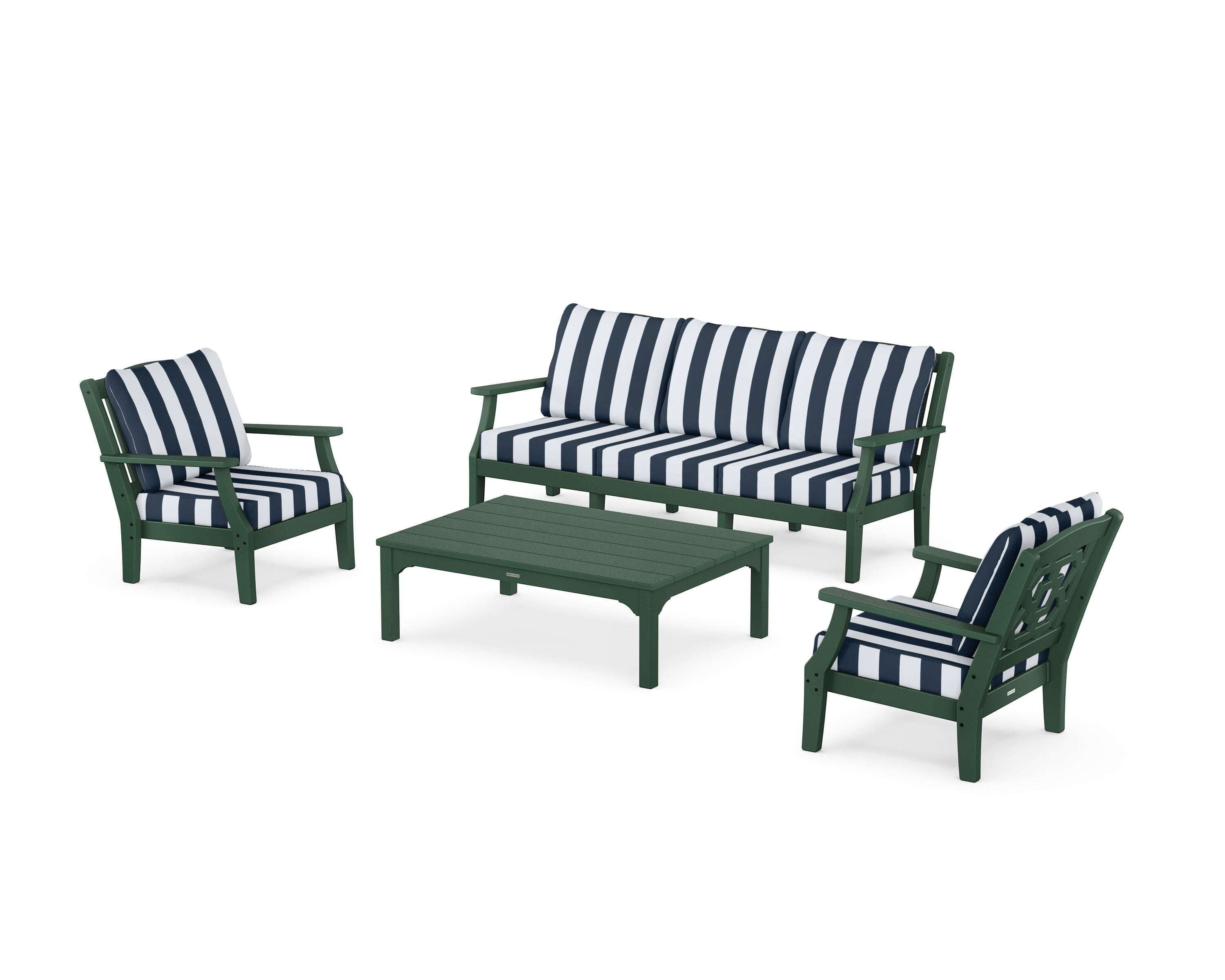 Martha Stewart by POLYWOOD® Chinoiserie 4-Piece Deep Seating Set with Sofa in Green / Cabana Stripe Marine Indigo