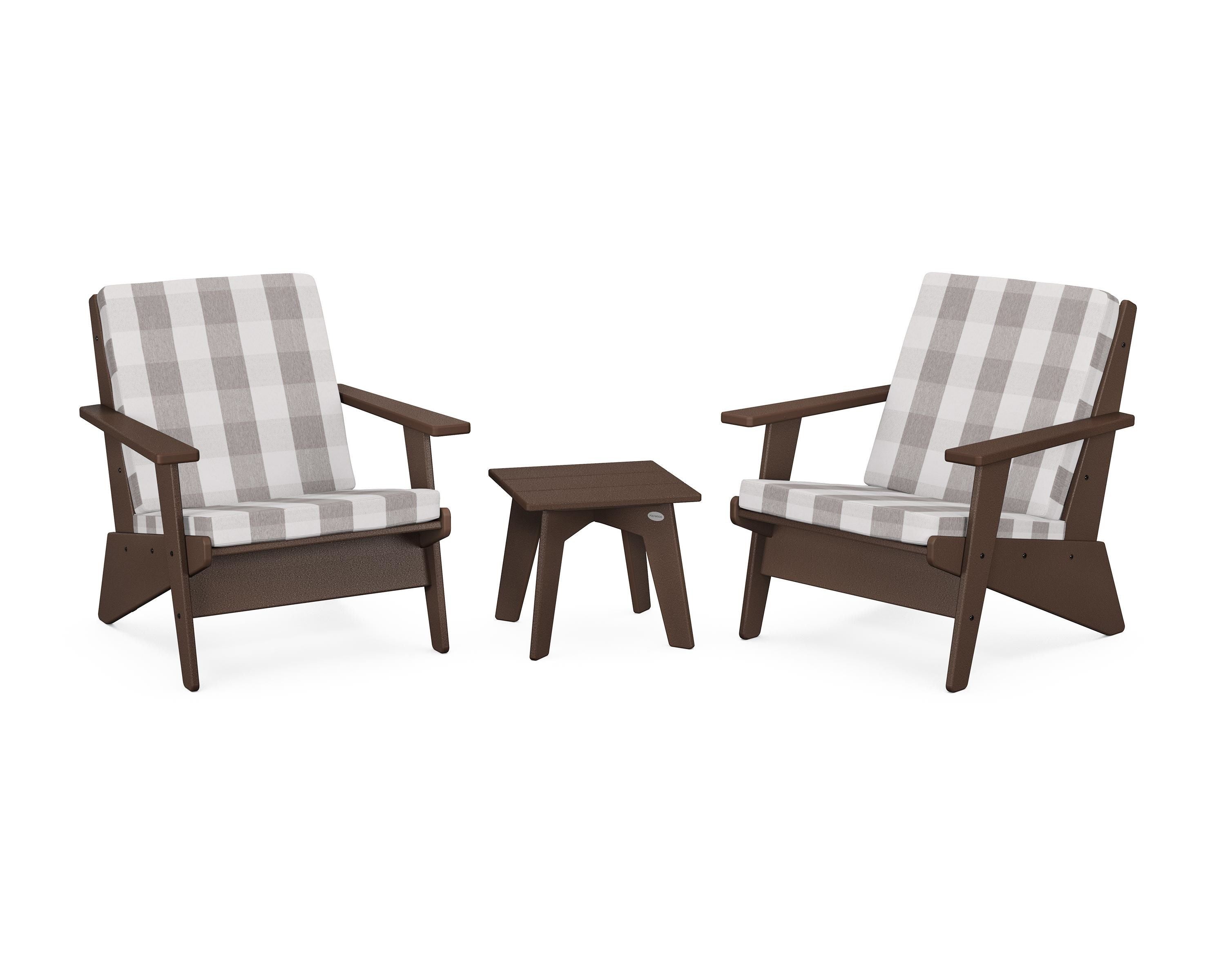 POLYWOOD® Riviera Modern Lounge 3-Piece Set in Mahogany / Buffalo Plaid Grey Mist