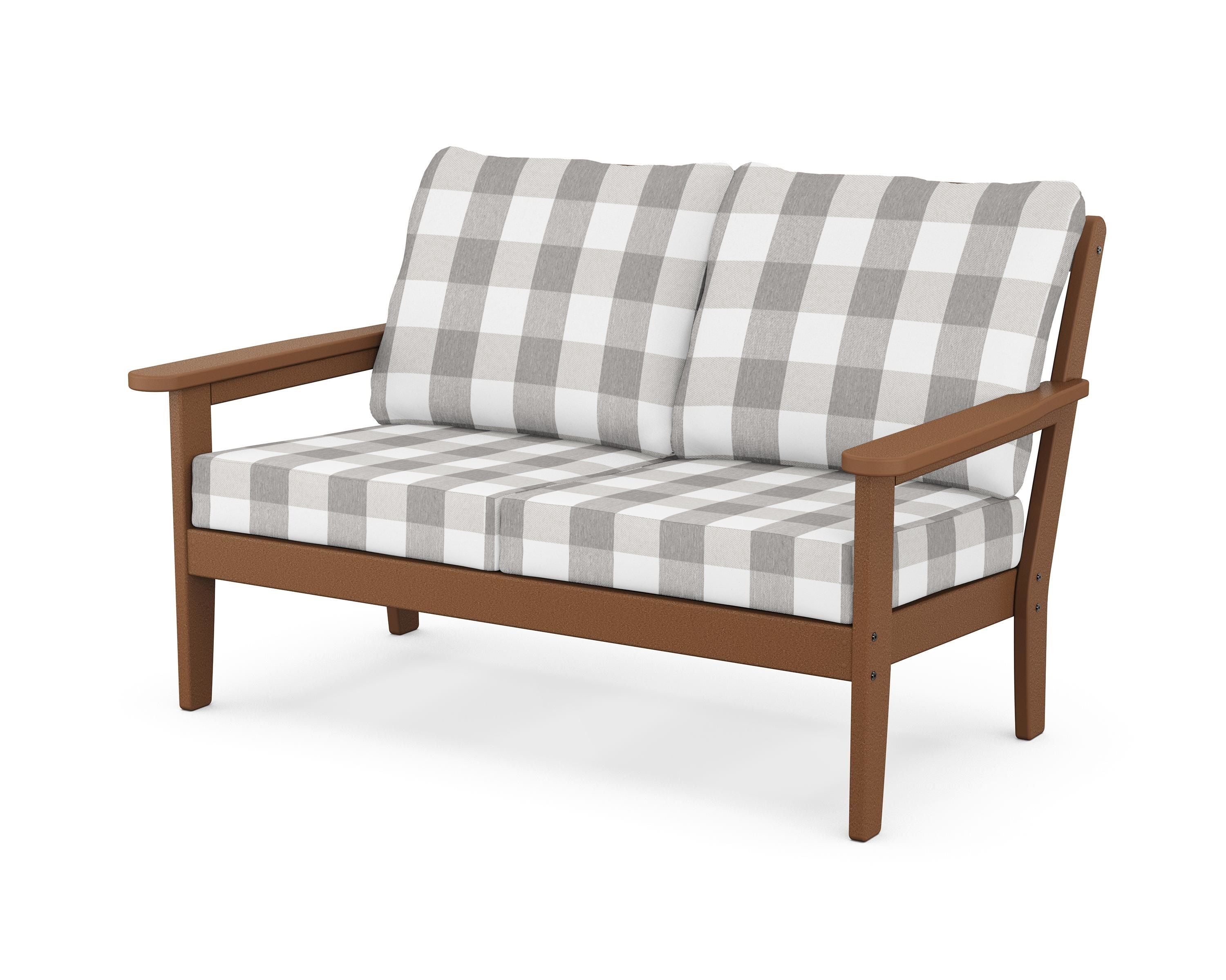 Country Living Cottage Deep Seating Loveseat in Teak / Buffalo Plaid Grey Mist