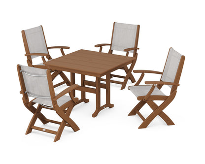 POLYWOOD® Coastal Folding Chair 5-Piece Farmhouse Dining Set in Teak / Parchment Sling