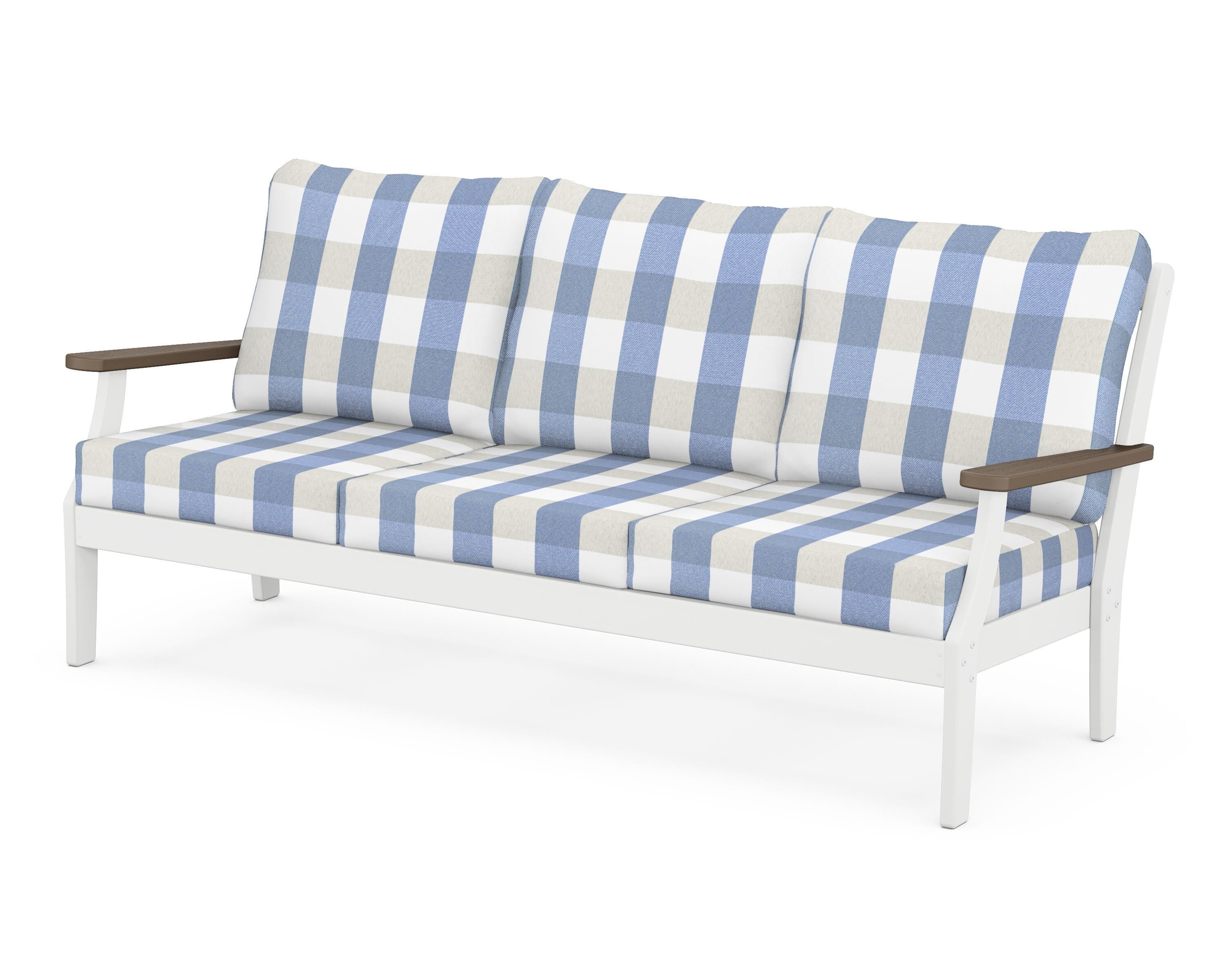 POLYWOOD® Braxton Deep Seating Sofa in White / Kona / Buffalo Plaid Sky Blue