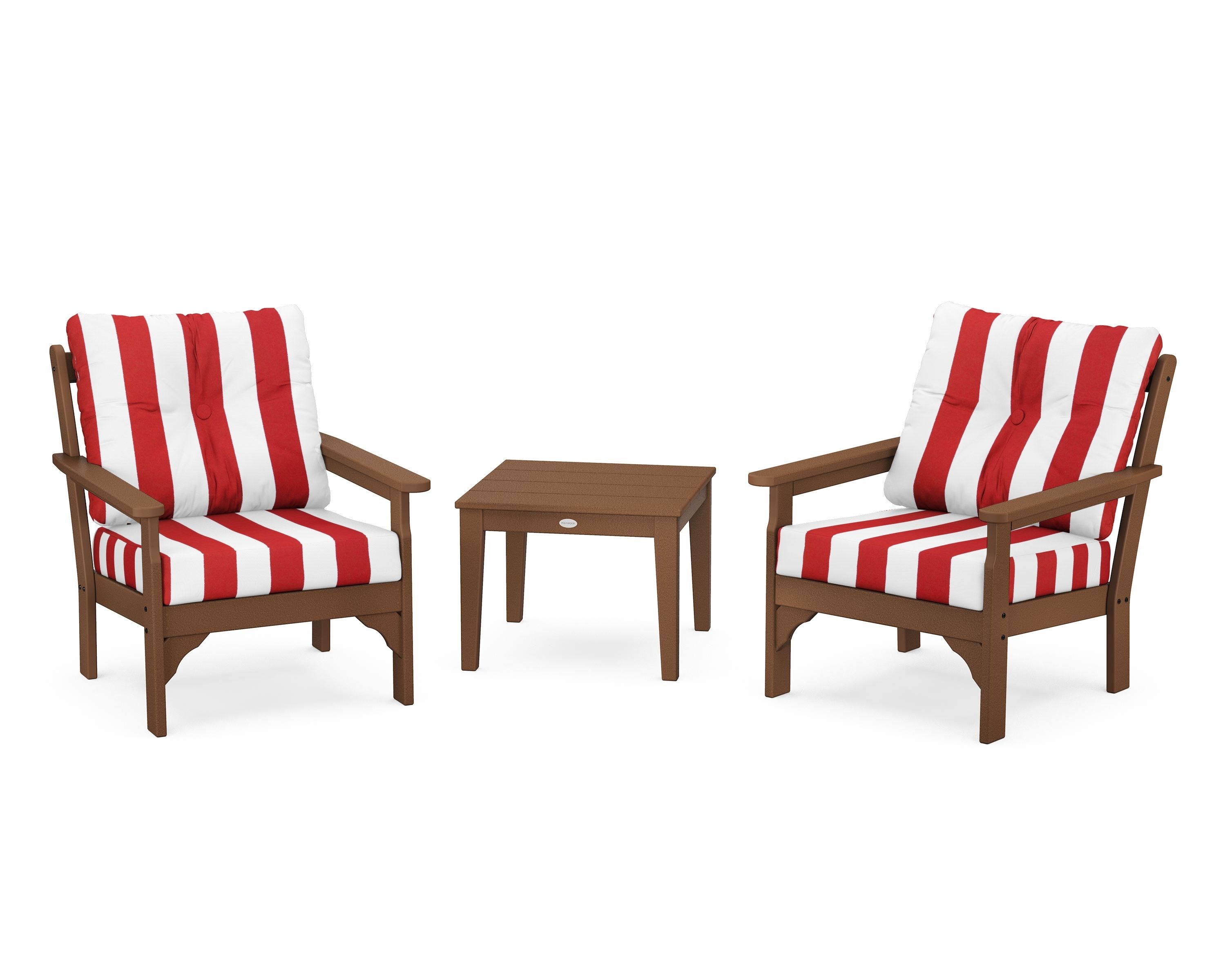 POLYWOOD® Vineyard 3-Piece Deep Seating Set in Teak / Cabana Stripe Crimson