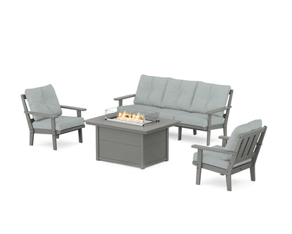 POLYWOOD® Oxford Deep Seating Fire Pit Table Set in Slate Grey / Spa