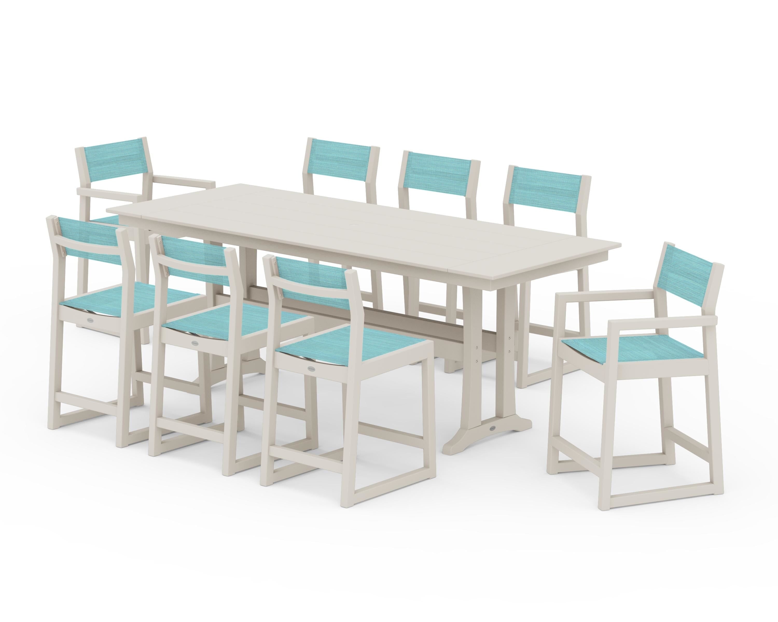 POLYWOOD® EDGE Sling 9-Piece Farmhouse Counter Set with Trestle Legs in Sand / Dupioni Aquamarine Sling