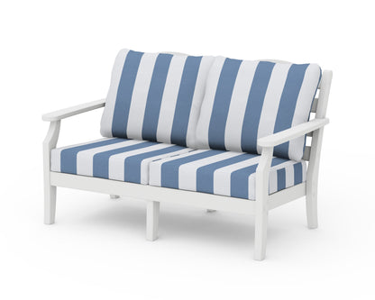 Draper James™ by  POLYWOOD® Savannah Deep Seating Loveseat in White / Cabana Stripe Sky Blue