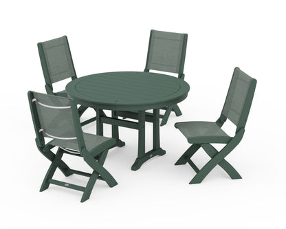 POLYWOOD® Coastal Folding Side Chair 5-Piece Round Dining Set With Trestle Legs in Green / Dupioni Sea Mist Sling
