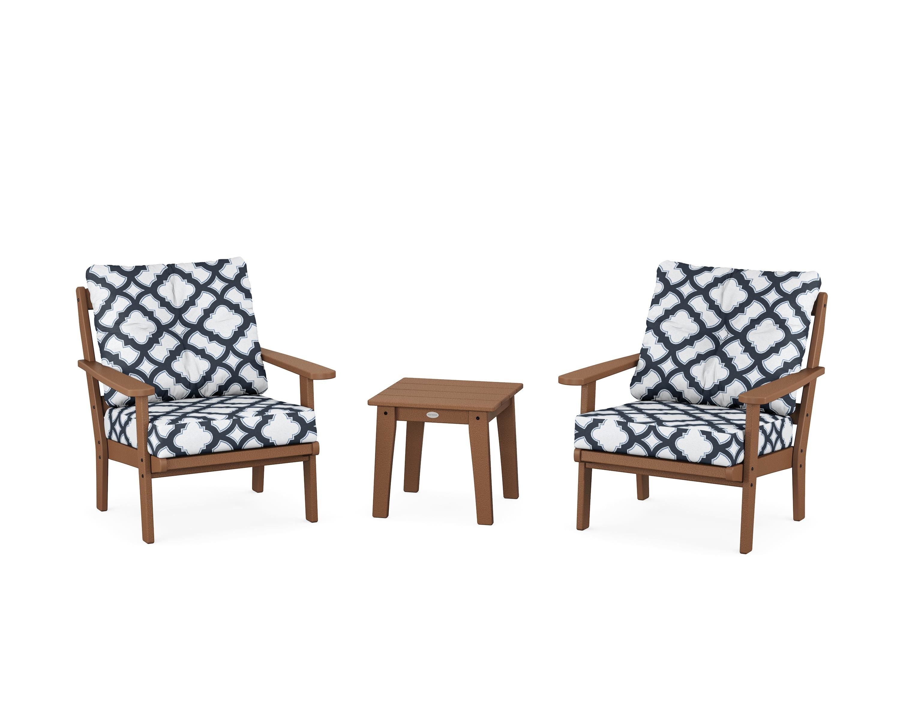 POLYWOOD® Mission 3-Piece Deep Seating Set in Teak / Trellis Marine Indigo