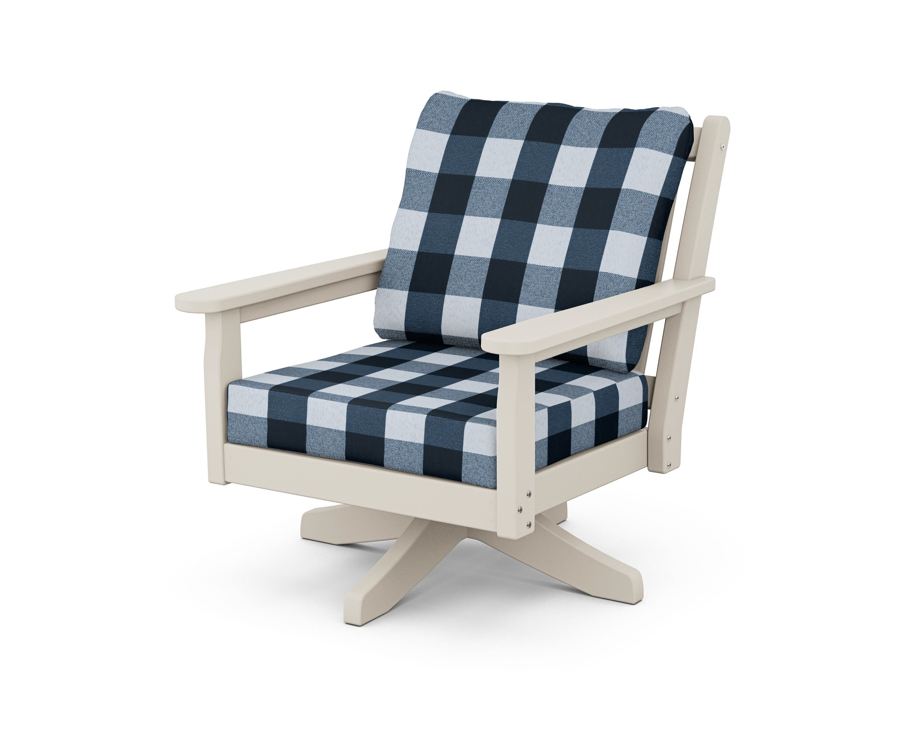 POLYWOOD® Chippendale Deep Seating Swivel Chair in Sand / Buffalo Plaid Marine Indigo