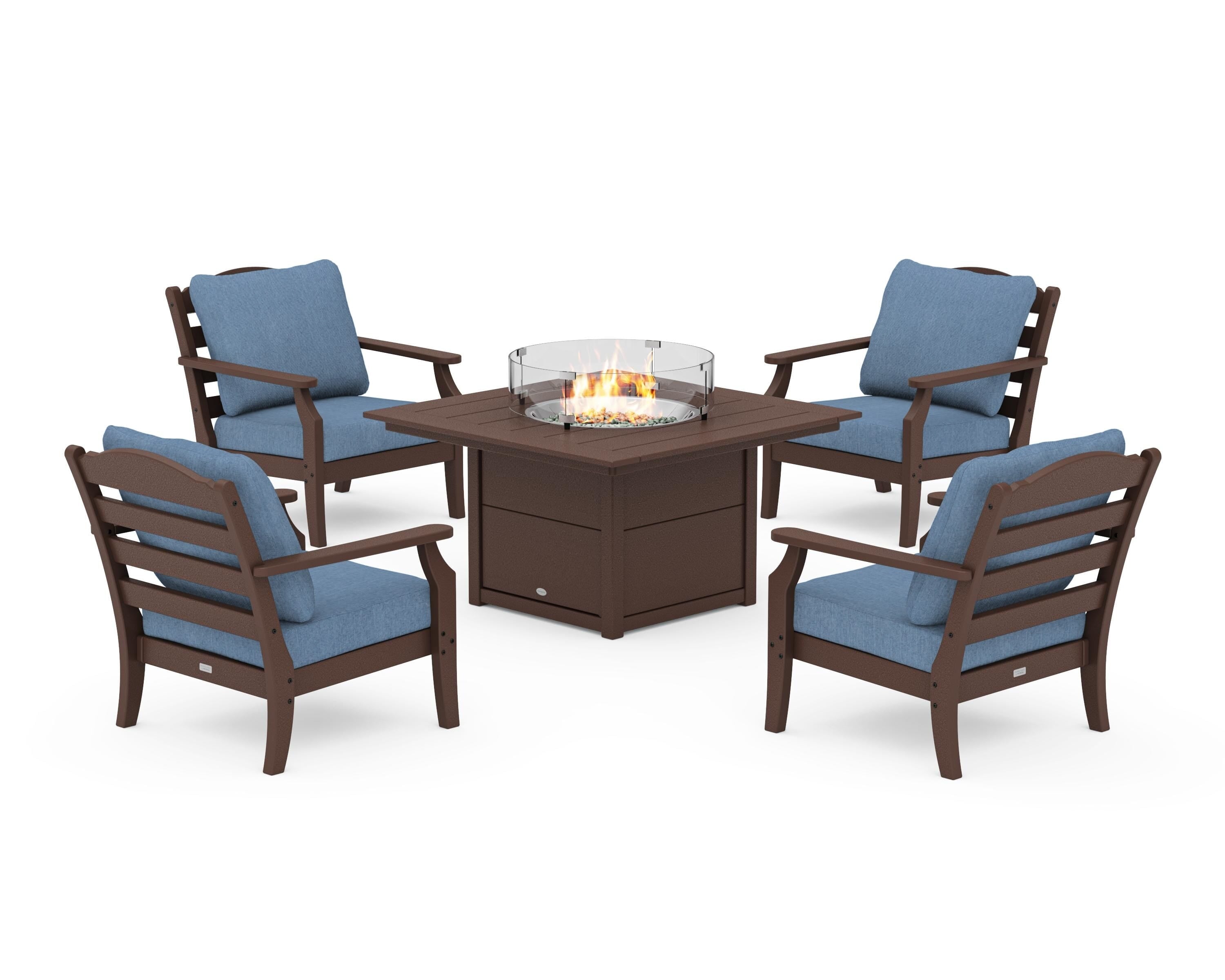 Draper James™ by  POLYWOOD® Savannah 5-Piece Deep Seating Set with Fire Pit Table in Mahogany / Sky Blue