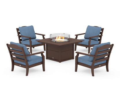 Draper James™ by  POLYWOOD® Savannah 5-Piece Deep Seating Set with Fire Pit Table in Mahogany / Sky Blue