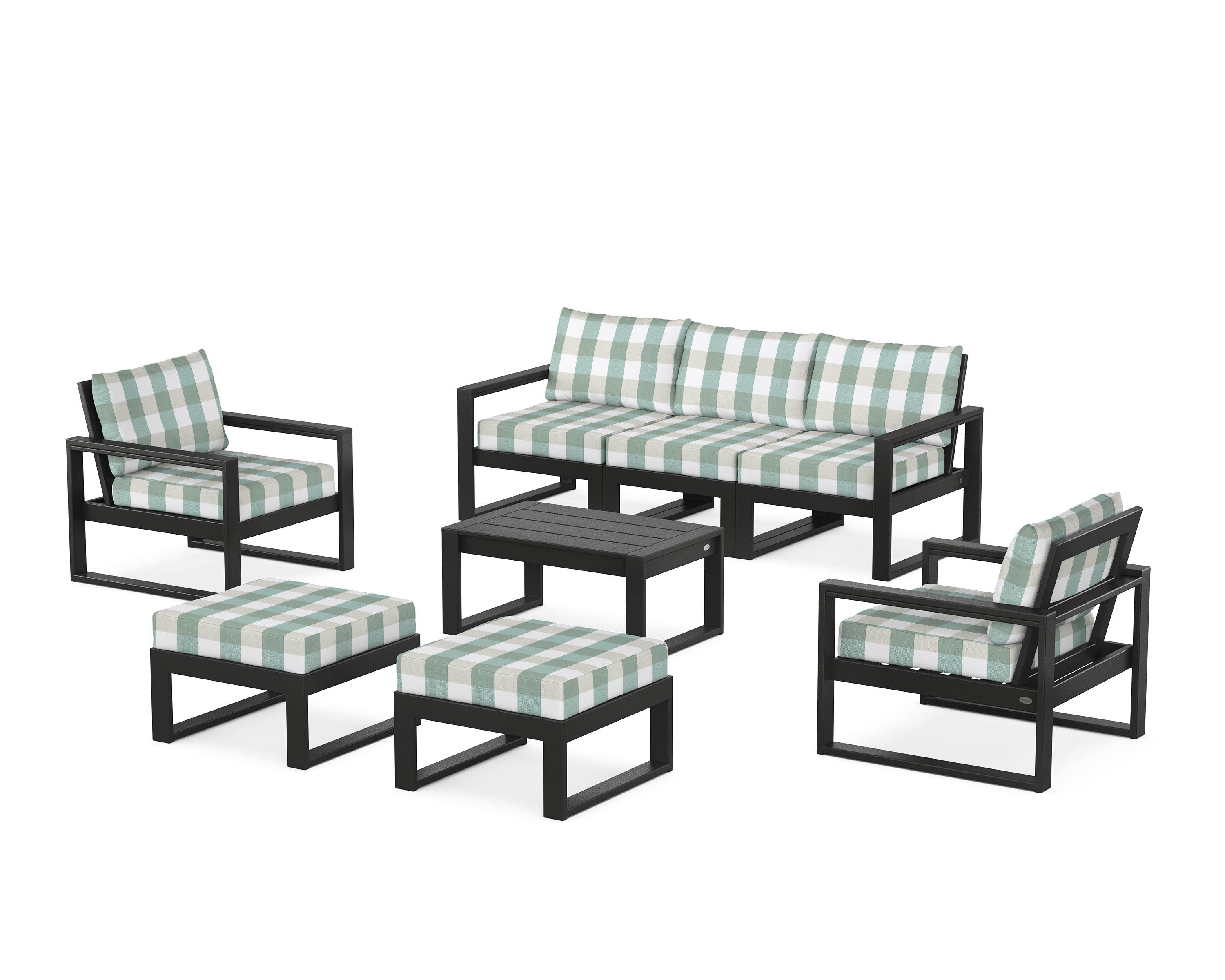 POLYWOOD® EDGE Sectional 8-Piece Lounge Sofa Set in Black / Buffalo Plaid Glacier Spa