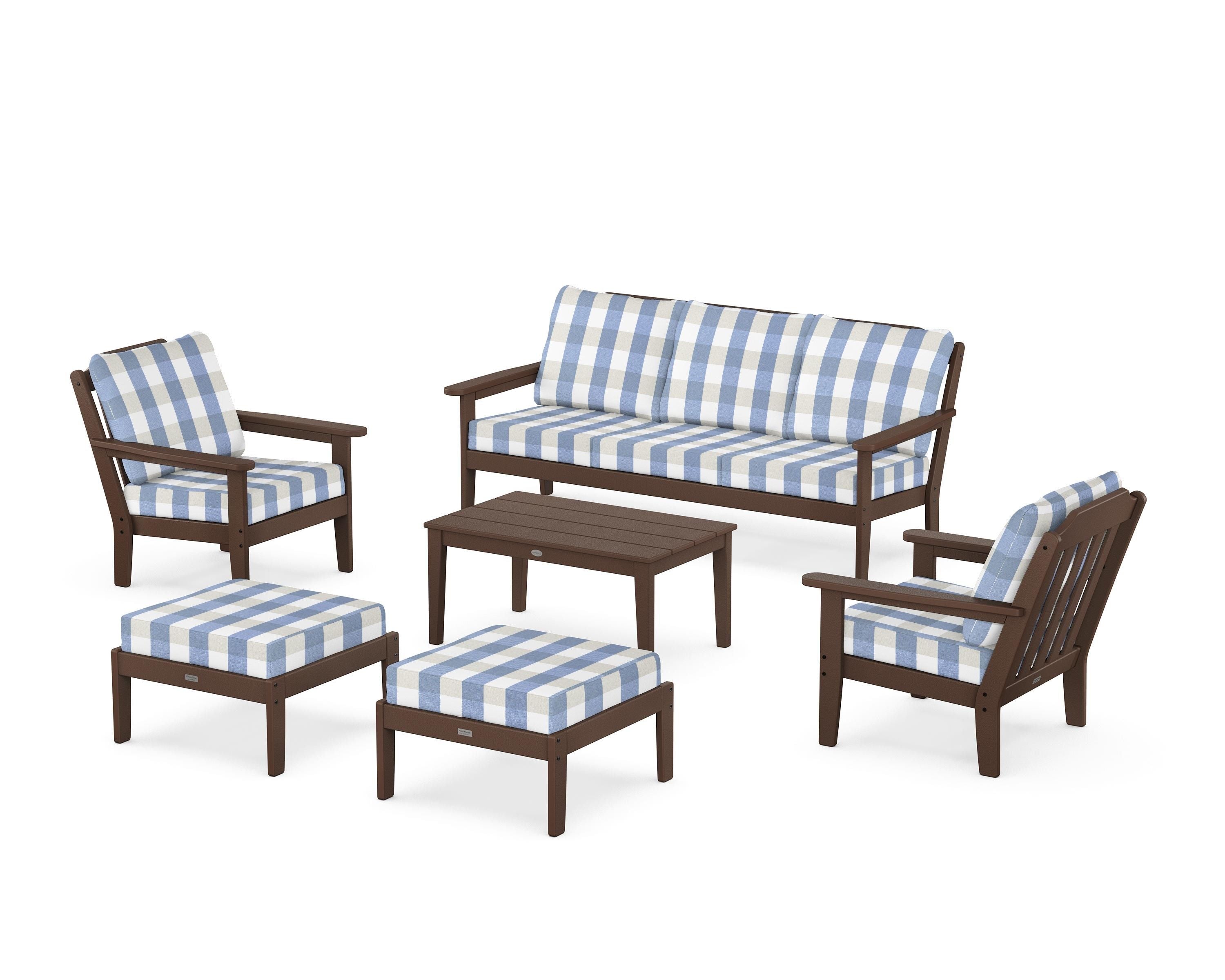 Country Living Cottage 6-Piece Lounge Sofa Set in Mahogany / Buffalo Plaid Sky Blue
