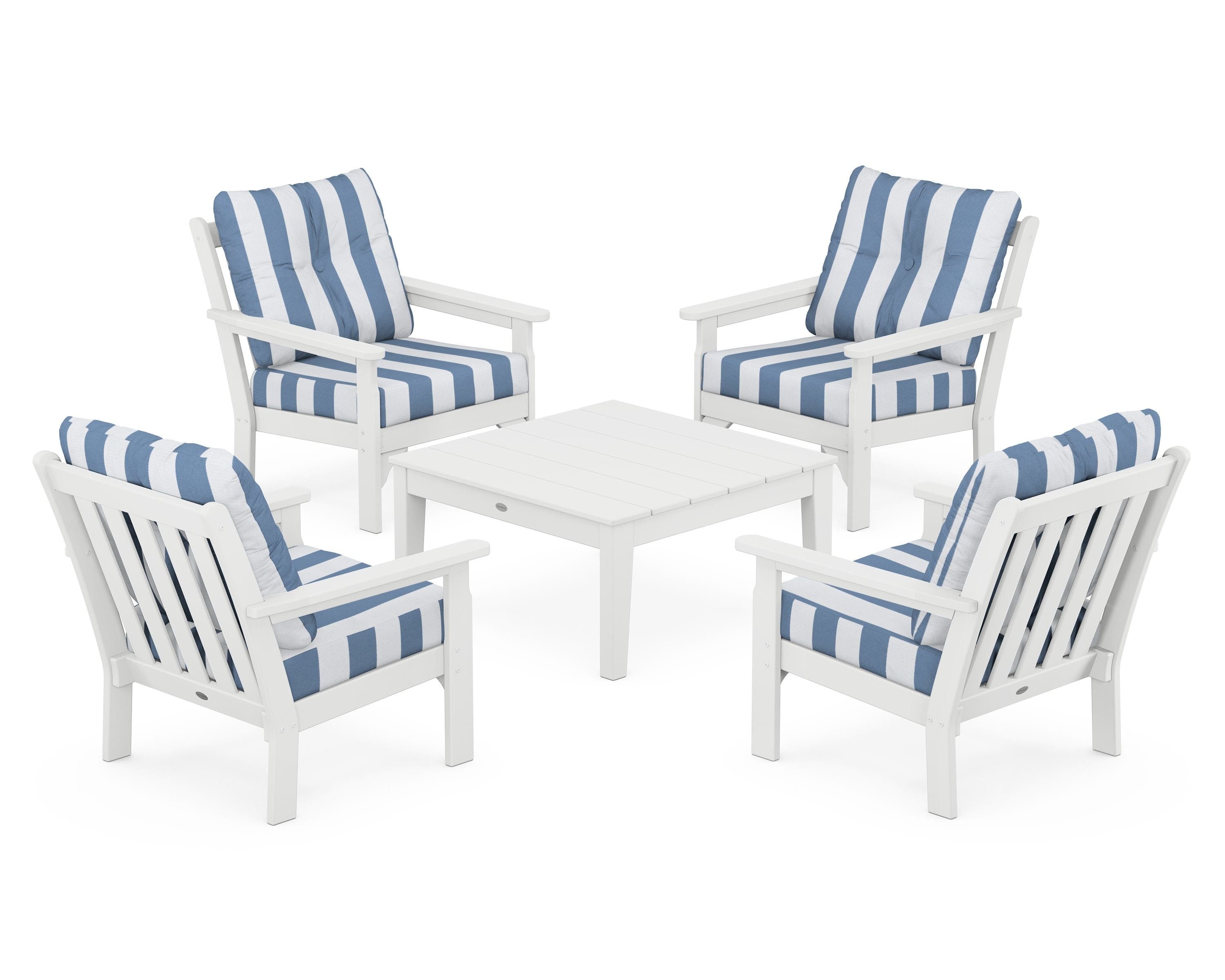 POLYWOOD® Vineyard 5-Piece Deep Seating Conversation Set in White / Cabana Stripe Sky Blue