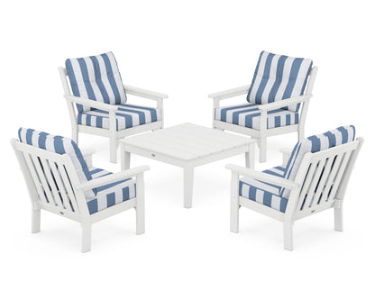 POLYWOOD® Vineyard 5-Piece Deep Seating Conversation Set in White / Cabana Stripe Sky Blue