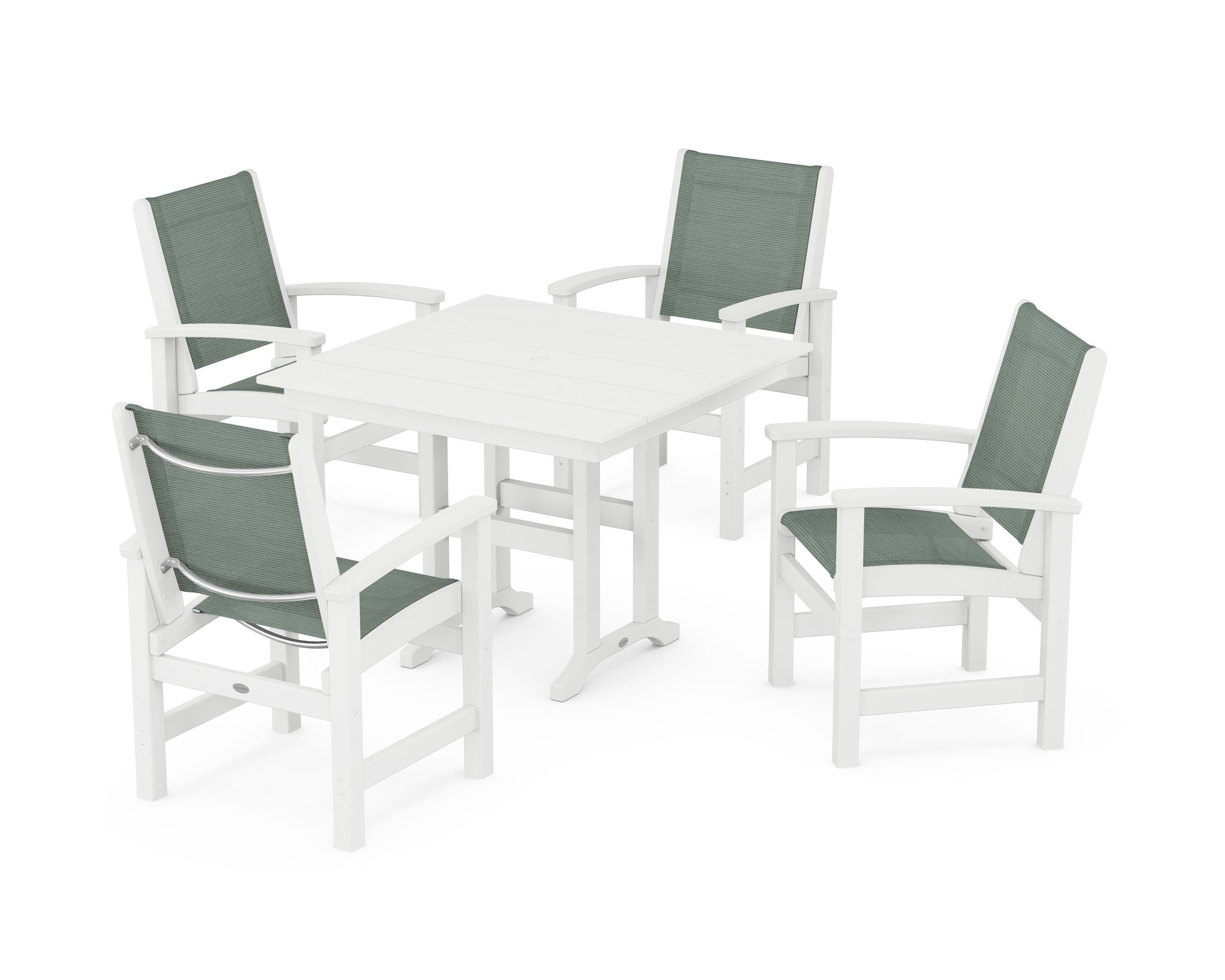 POLYWOOD® Coastal 5-Piece Farmhouse Dining Set in White / Dupioni Sea Mist Sling