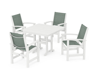 POLYWOOD® Coastal 5-Piece Farmhouse Dining Set in White / Dupioni Sea Mist Sling