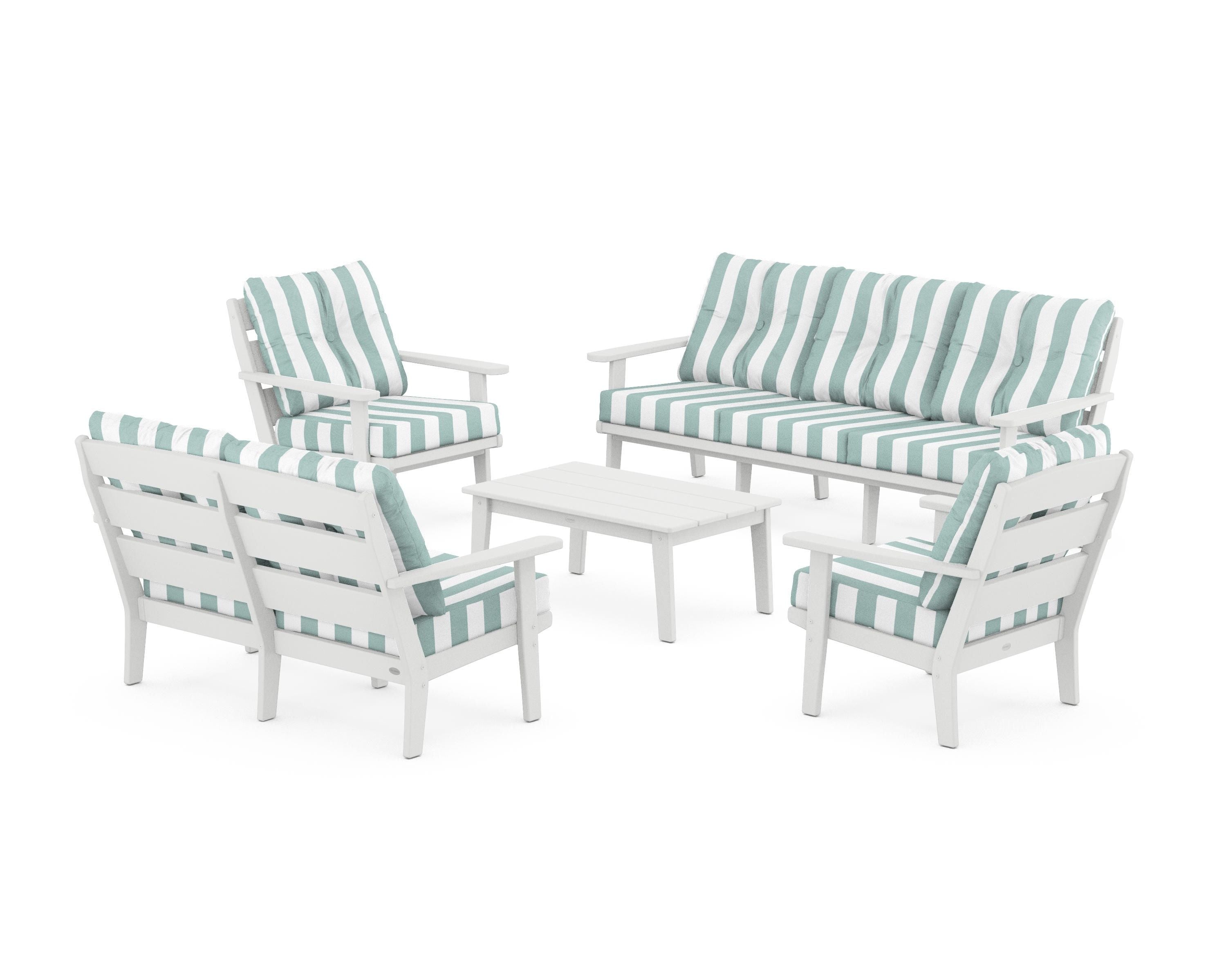 POLYWOOD® Lakeside 5-Piece Lounge Sofa Set in White / Cabana Stripe Glacier Spa