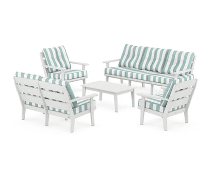 POLYWOOD® Lakeside 5-Piece Lounge Sofa Set in White / Cabana Stripe Glacier Spa