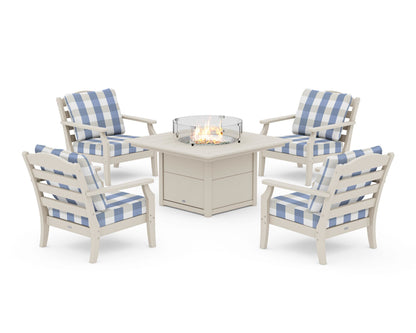 Draper James™ by  POLYWOOD® Savannah 5-Piece Deep Seating Set with Fire Pit Table in Sand / Buffalo Plaid Sky Blue