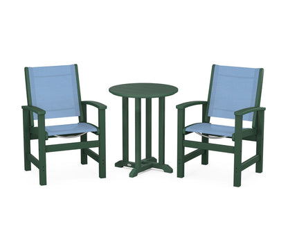 POLYWOOD® Coastal 3-Piece Round Bistro Dining Set in Green / Poolside Sling