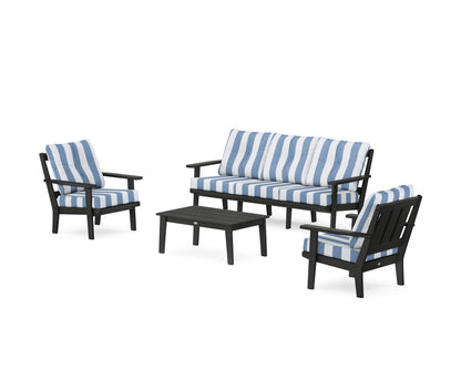 POLYWOOD® Oxford 4-Piece Deep Seating Set with Sofa in Black / Cabana Stripe Sky Blue