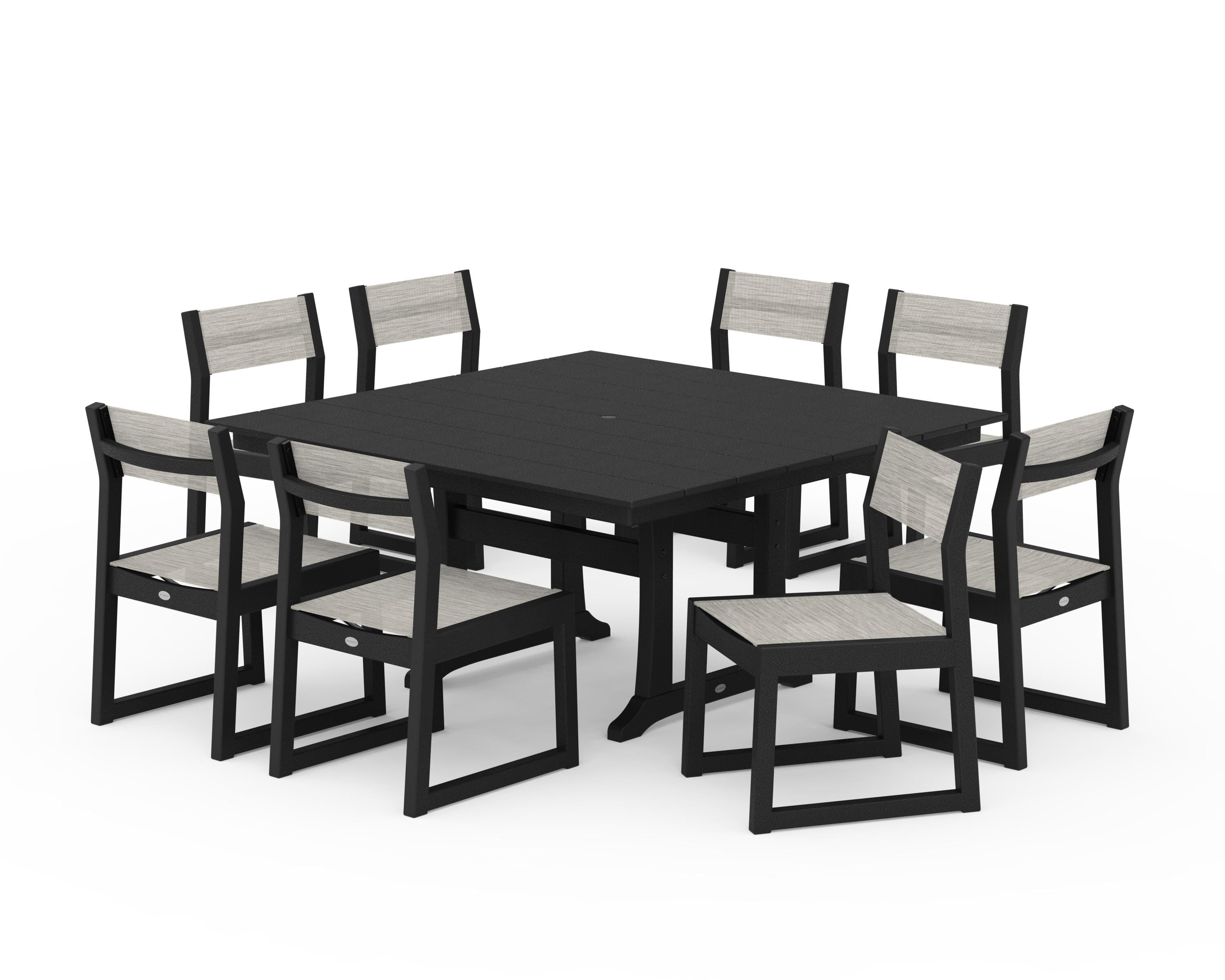 POLYWOOD® EDGE Sling Side Chair 9-Piece Farmhouse Trestle Dining Set in Black / Birch Sling