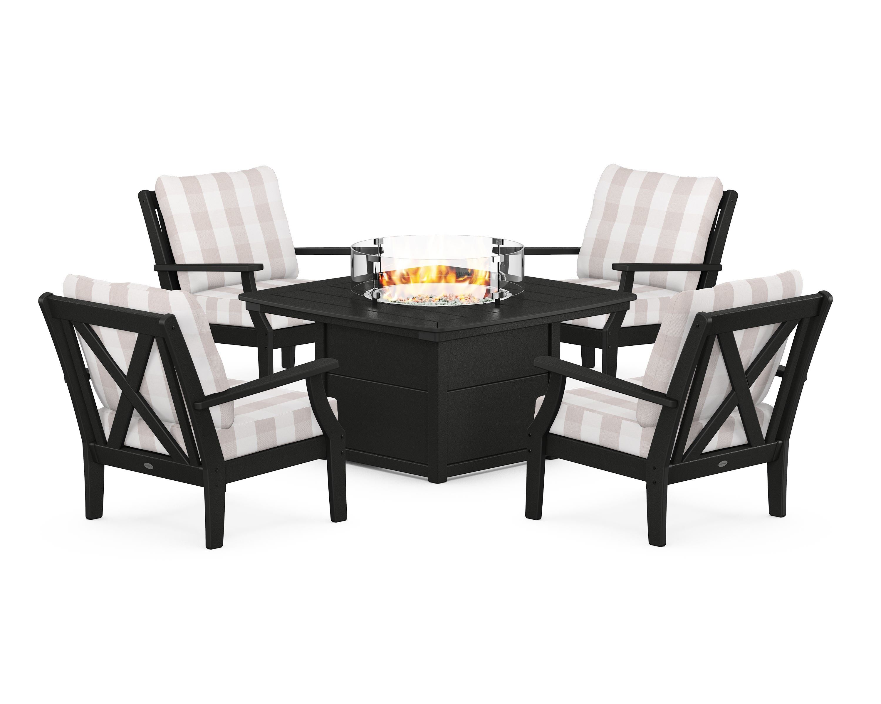 POLYWOOD® Braxton 5-Piece Deep Seating Conversation Set with Fire Pit Table in Black / Buffalo Plaid Dune Burlap