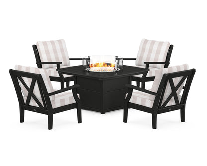 POLYWOOD® Braxton 5-Piece Deep Seating Conversation Set with Fire Pit Table in Black / Buffalo Plaid Dune Burlap
