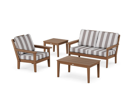 Country Living Wovendale 4-Piece Deep Seating Set in Teak / Cabana Stripe Grey Mist
