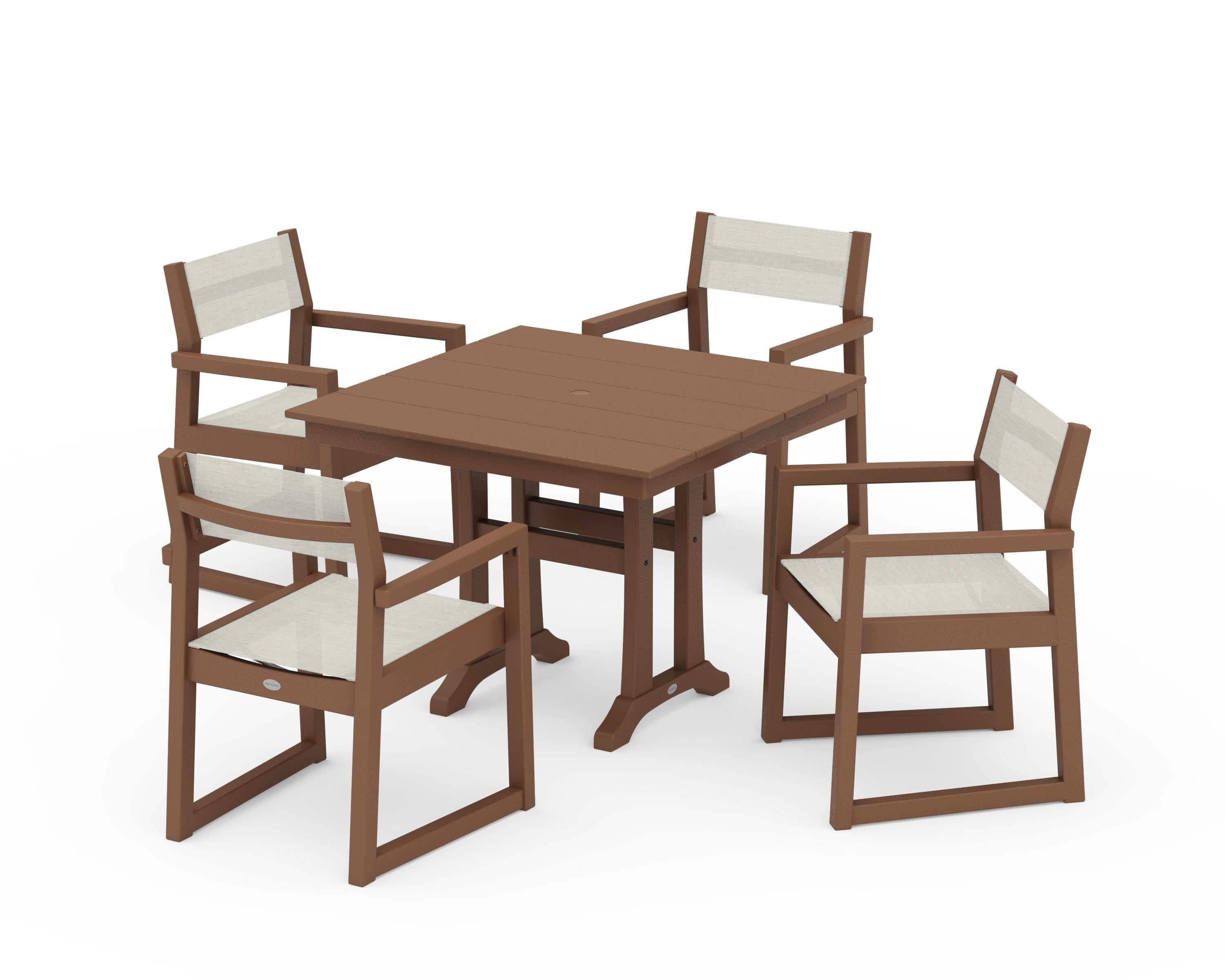 POLYWOOD® EDGE Sling 5-Piece Farmhouse Dining Set with Trestle Legs in Teak / Parchment Sling