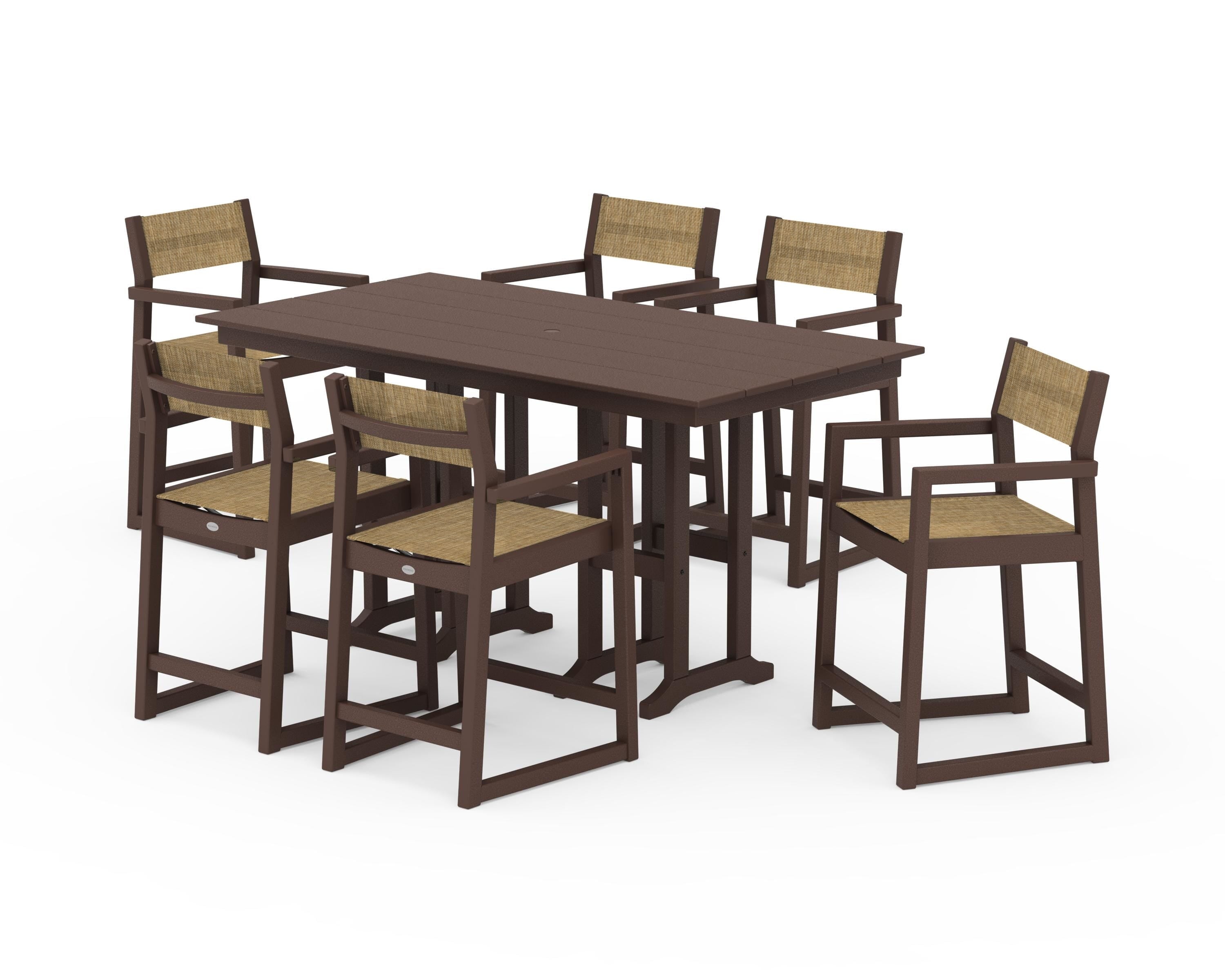 POLYWOOD® EDGE Sling Arm Chair 7-Piece Farmhouse Counter Set in Mahogany / Burlap Sling