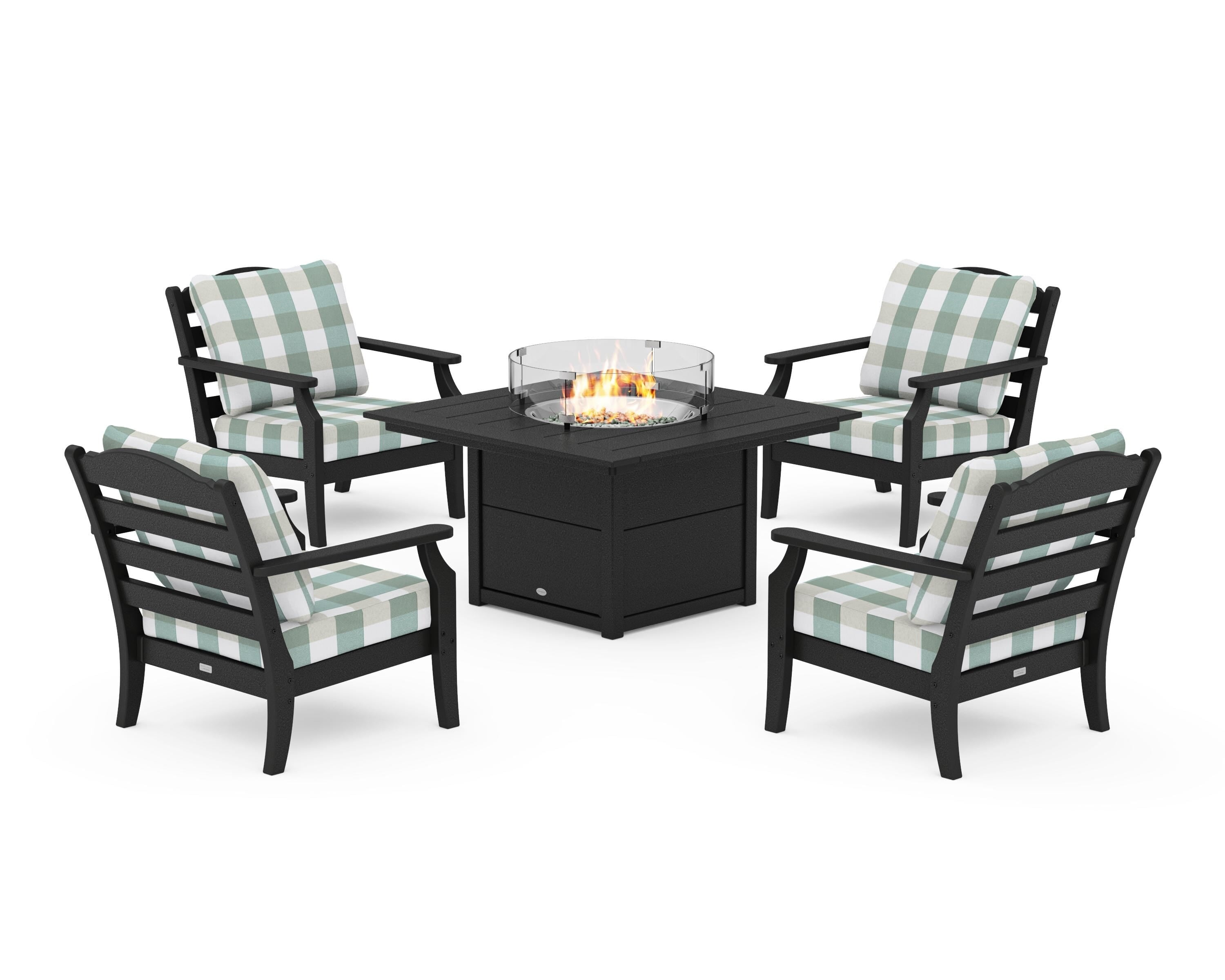 Draper James™ by  POLYWOOD® Savannah 5-Piece Deep Seating Set with Fire Pit Table in Black / Buffalo Plaid Glacier Spa