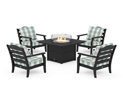 Draper James™ by  POLYWOOD® Savannah 5-Piece Deep Seating Set with Fire Pit Table in Black / Buffalo Plaid Glacier Spa