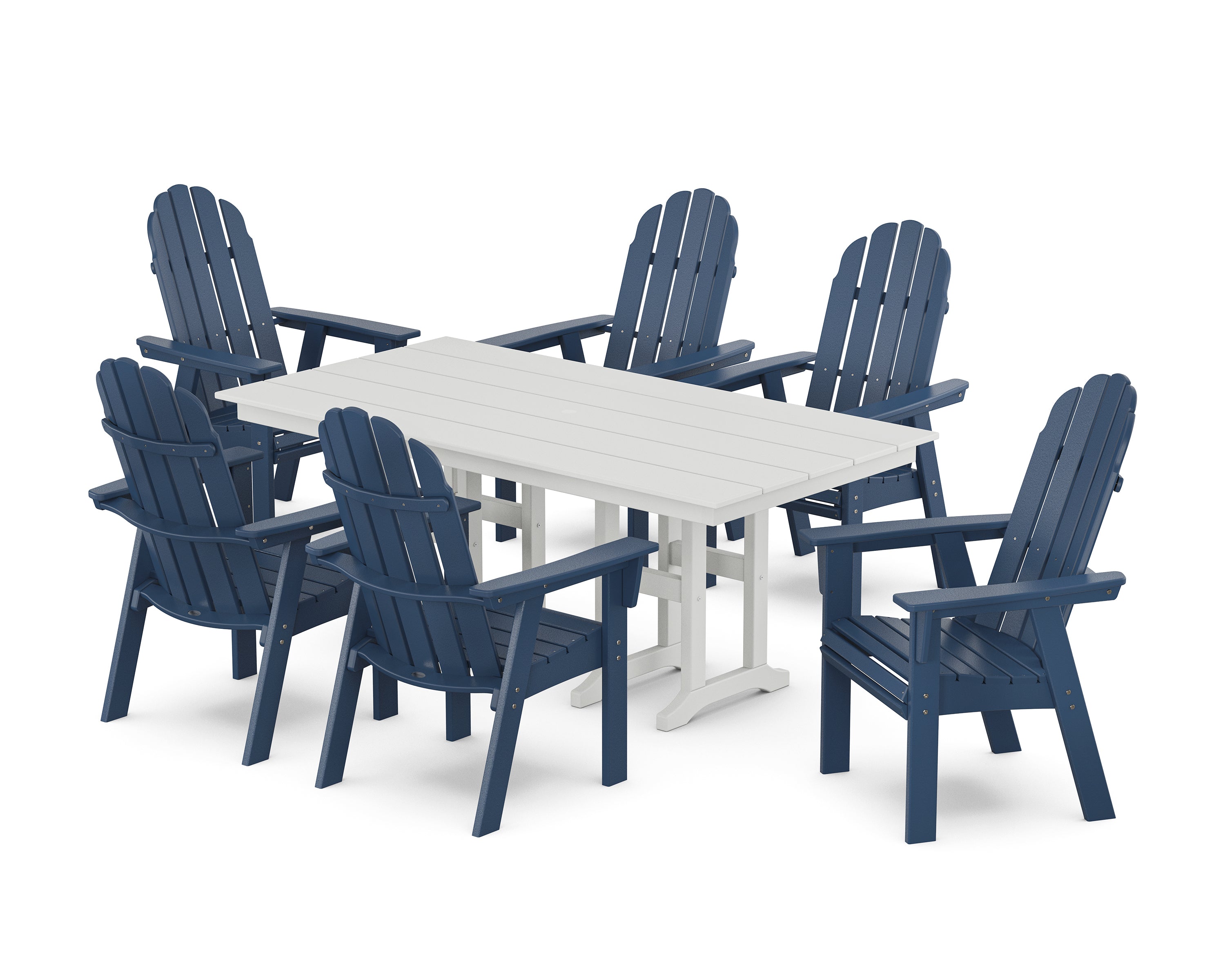 POLYWOOD® Vineyard Curveback Adirondack Chair 7-Piece Farmhouse Dining Set in Navy / White