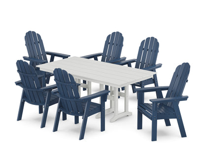 POLYWOOD® Vineyard Curveback Adirondack Chair 7-Piece Farmhouse Dining Set in Navy / White