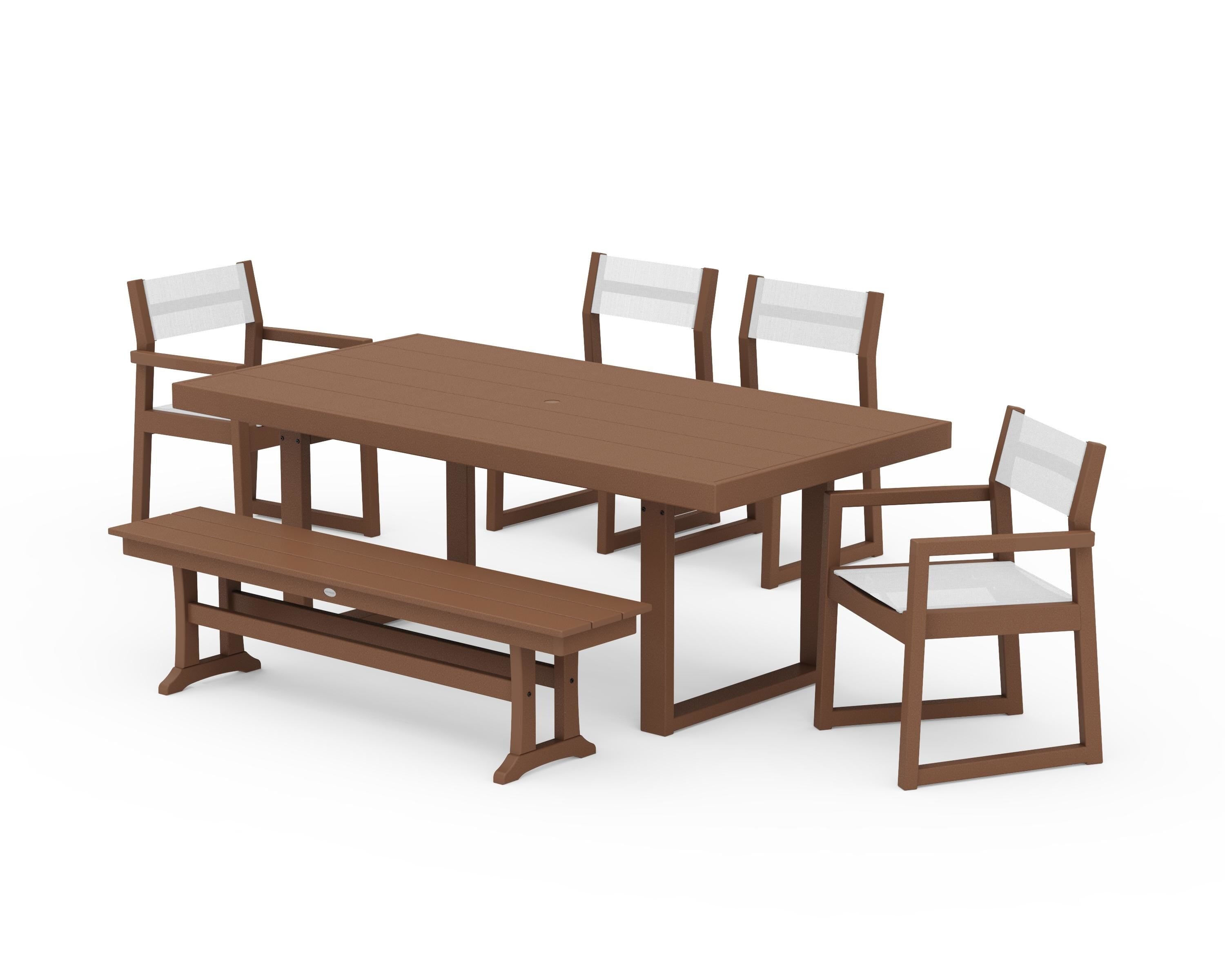 POLYWOOD® EDGE Sling 6-Piece Dining Set with Bench in Teak / White Sling