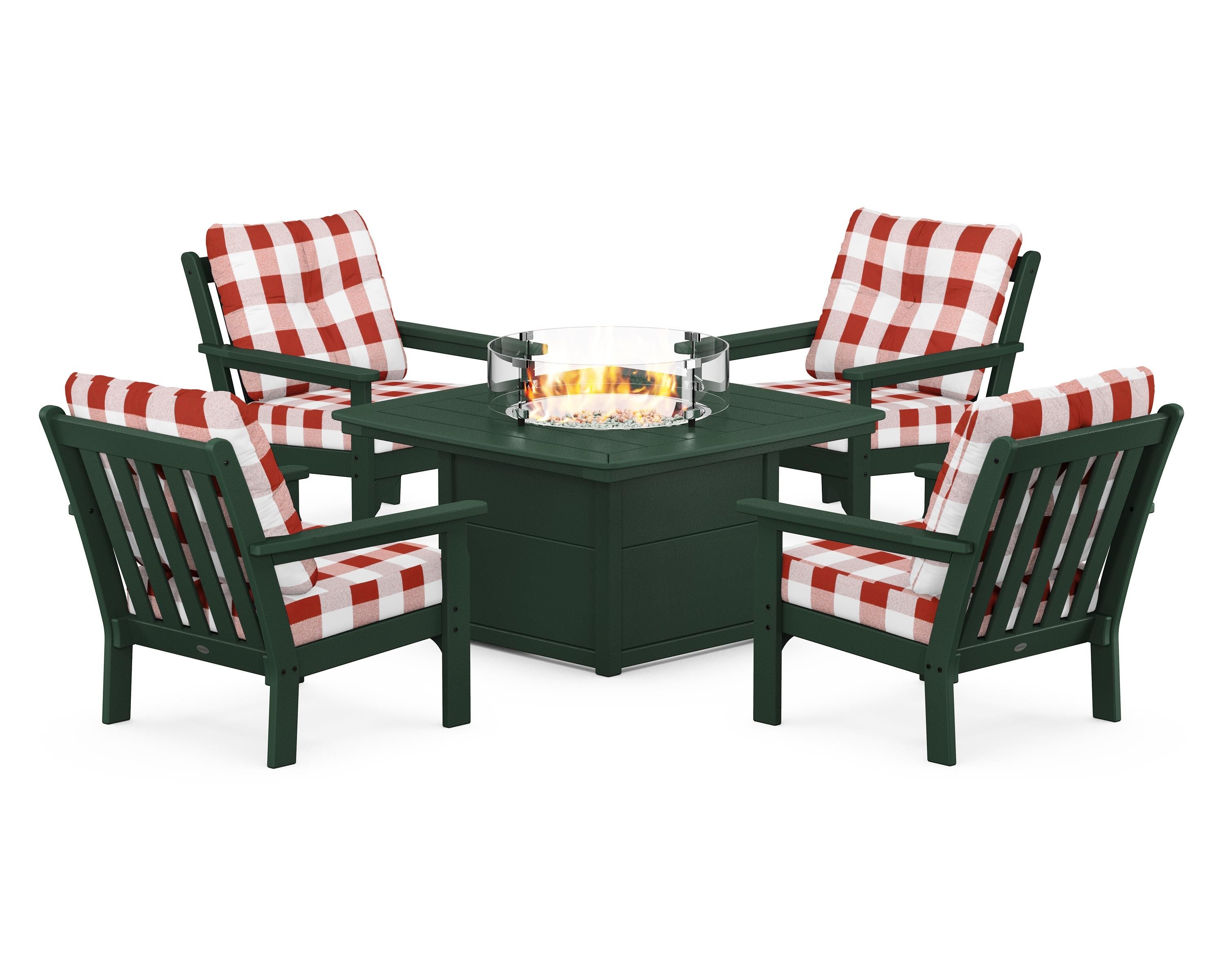 POLYWOOD® Vineyard 5-Piece Conversation Set with Fire Pit Table in Green / Buffalo Plaid Crimson